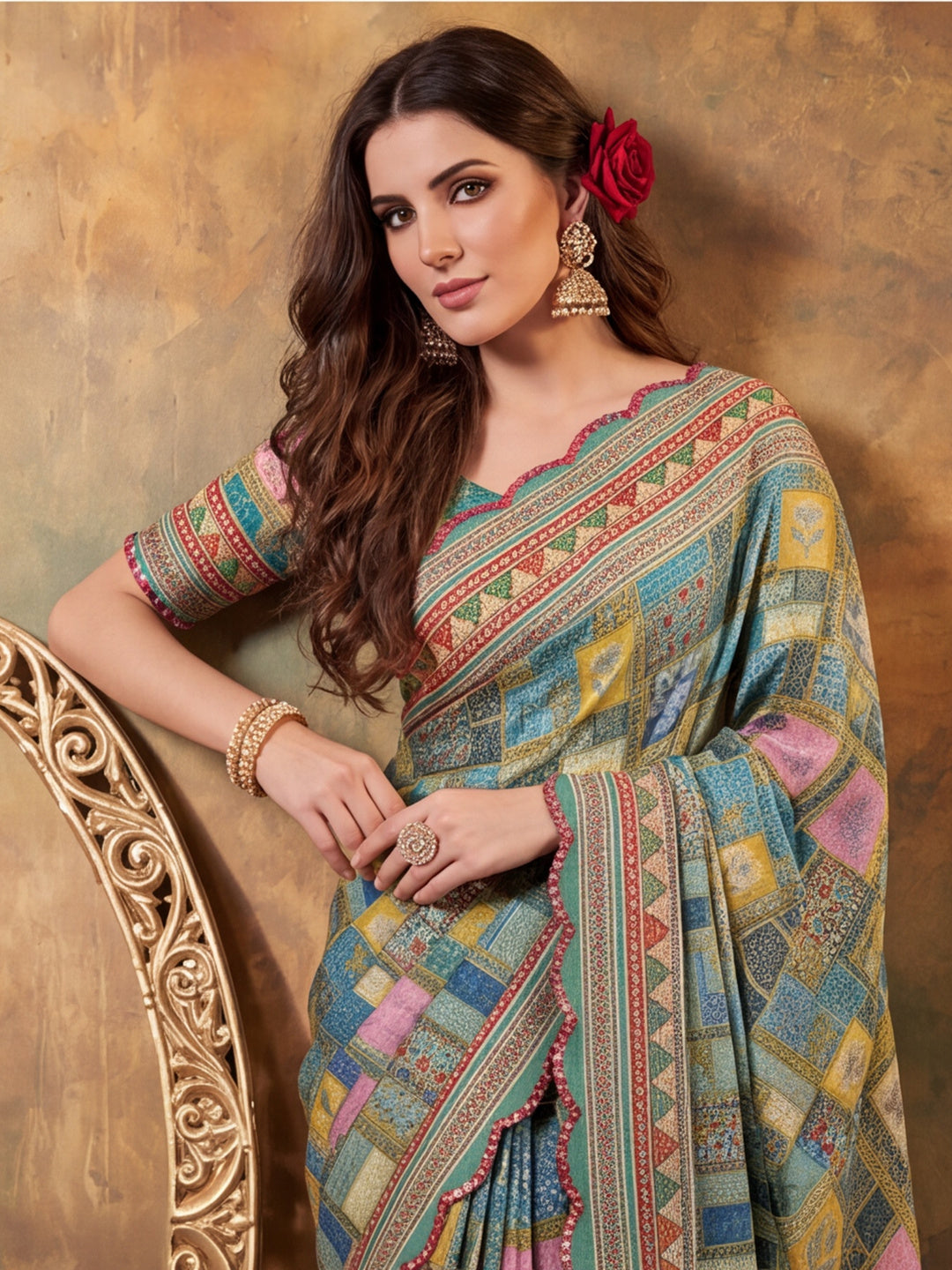 Women Lightweight Printed Beautiful Mirror Work Border Saree With Unstitched Blouse Piece
