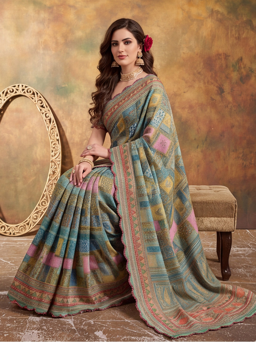 Women Lightweight Printed Beautiful Mirror Work Border Saree With Unstitched Blouse Piece