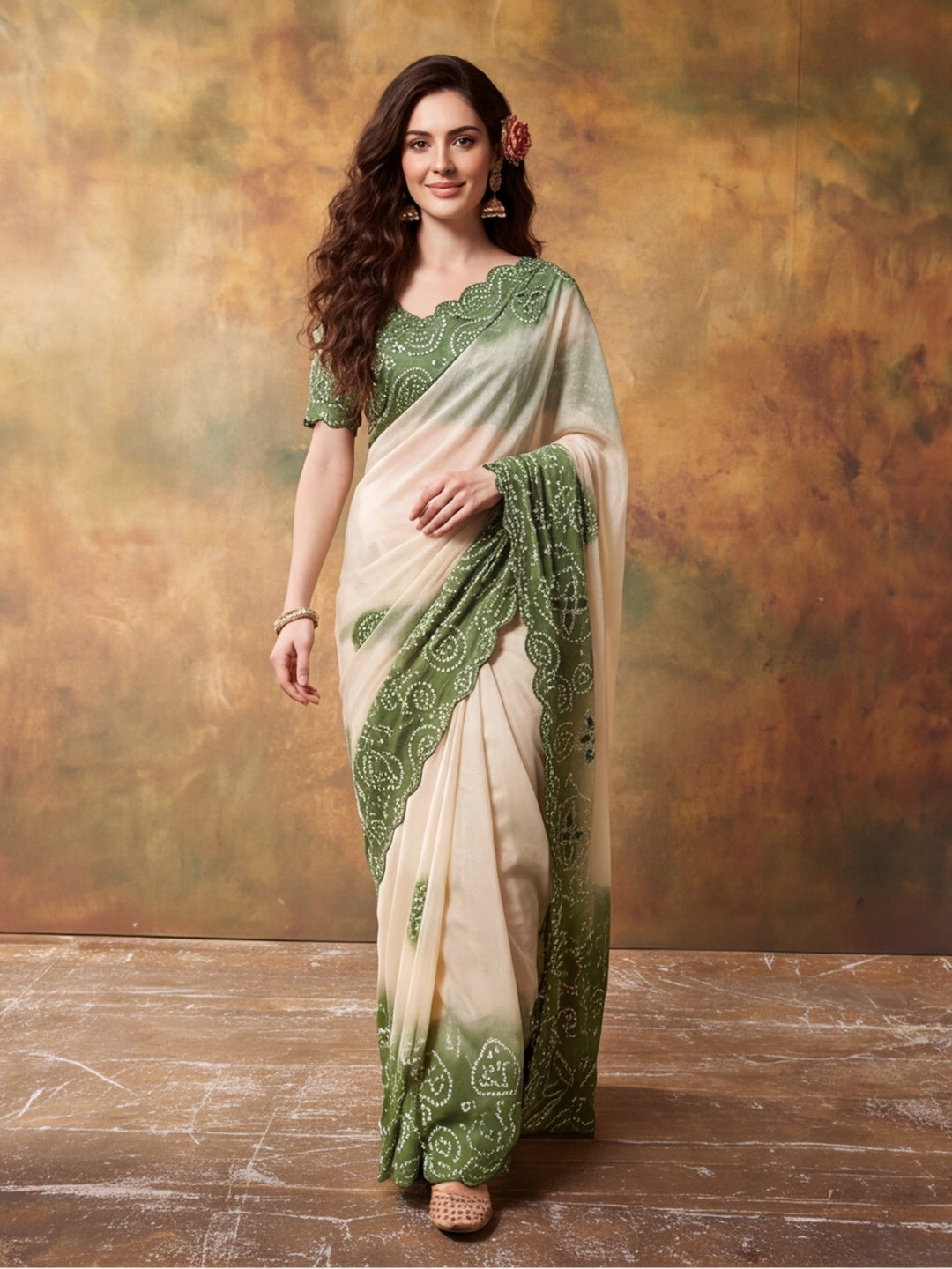Women Lightweight Printed Beautiful Mirror Work Border Saree With Unstitched Blouse Piece