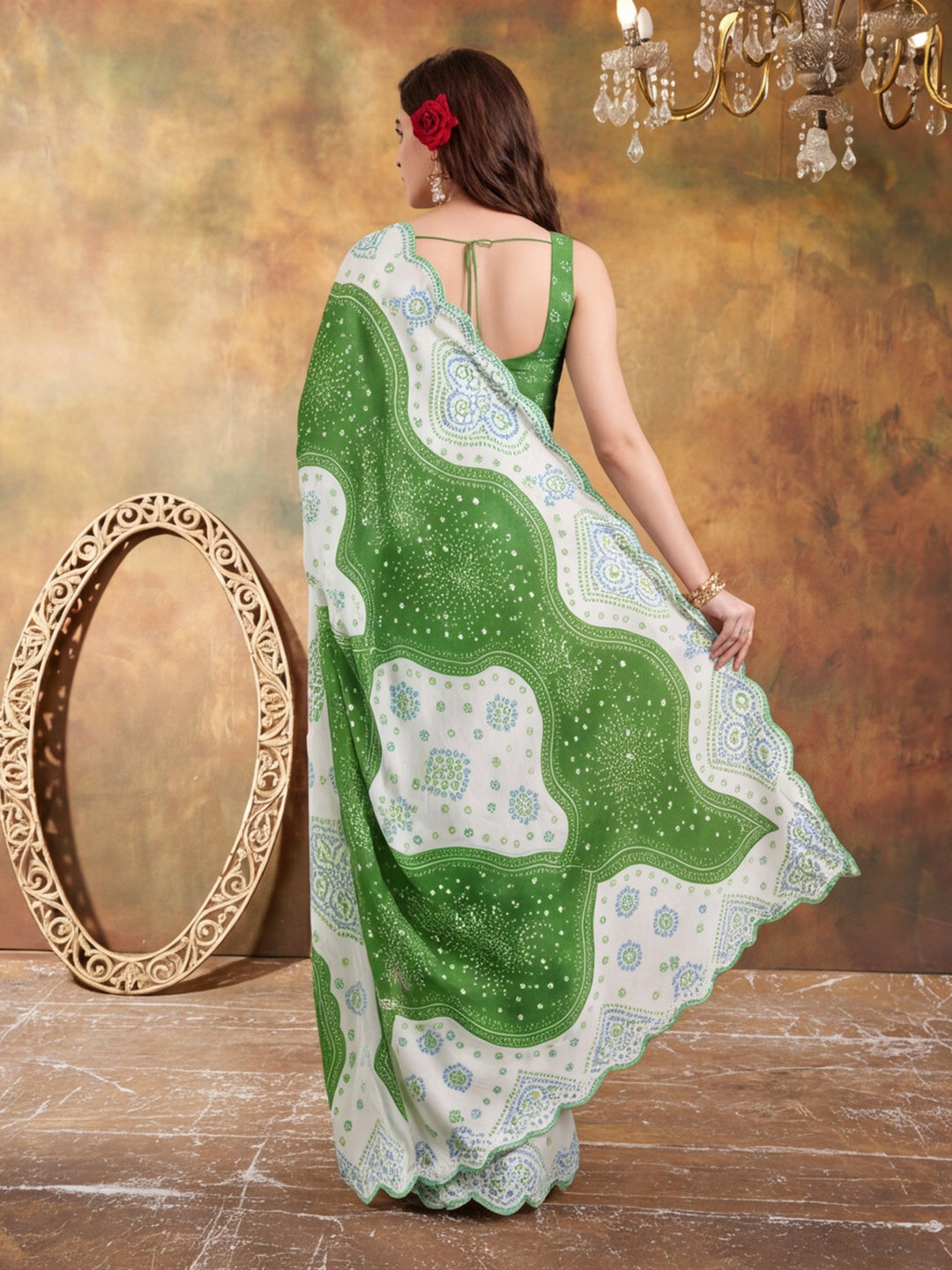 Women Lightweight Printed Beautiful Mirror Work Border Saree With Unstitched Blouse Piece