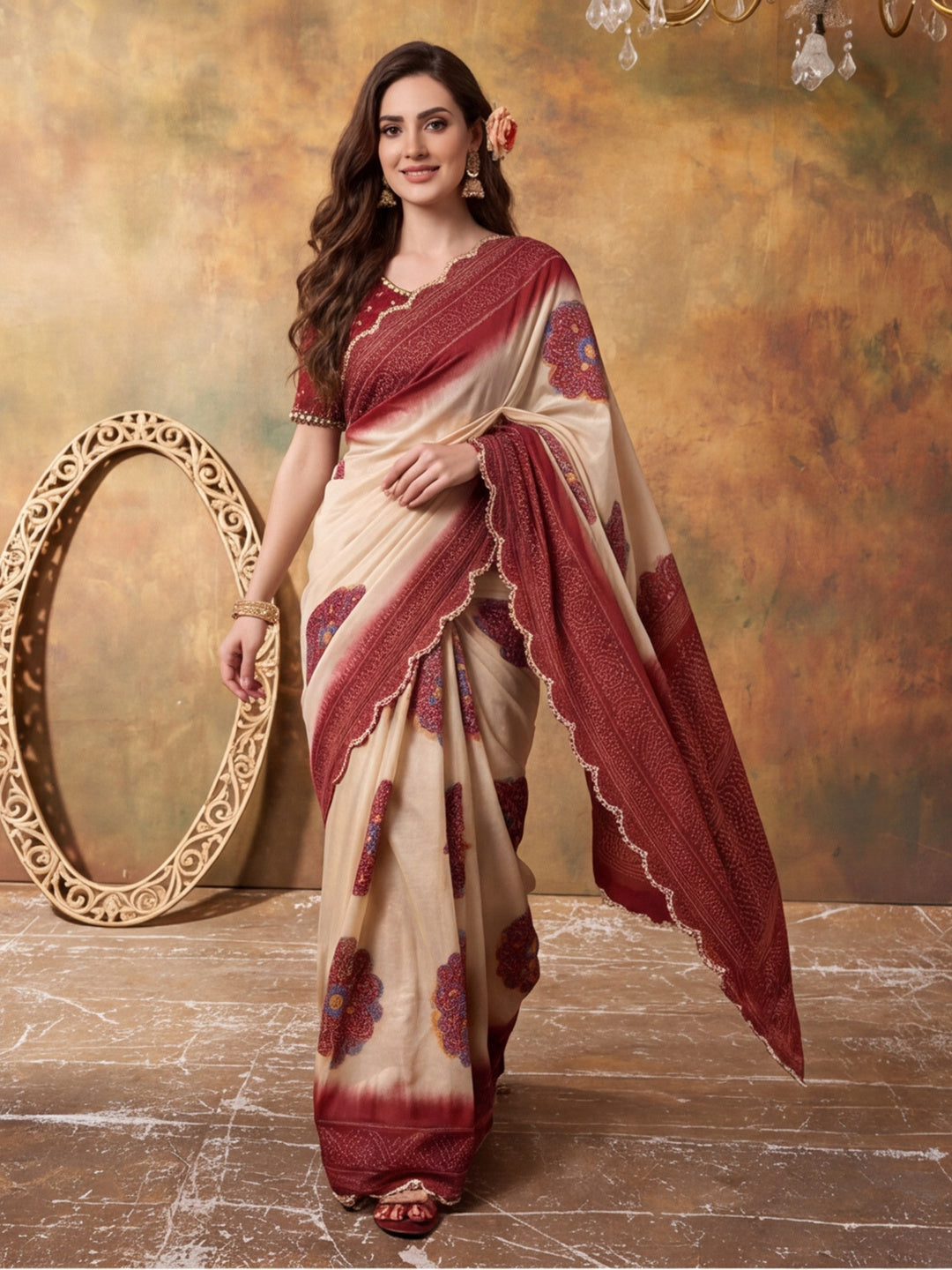 Women Lightweight Printed Beautiful Mirror Work Border Saree With Unstitched Blouse Piece