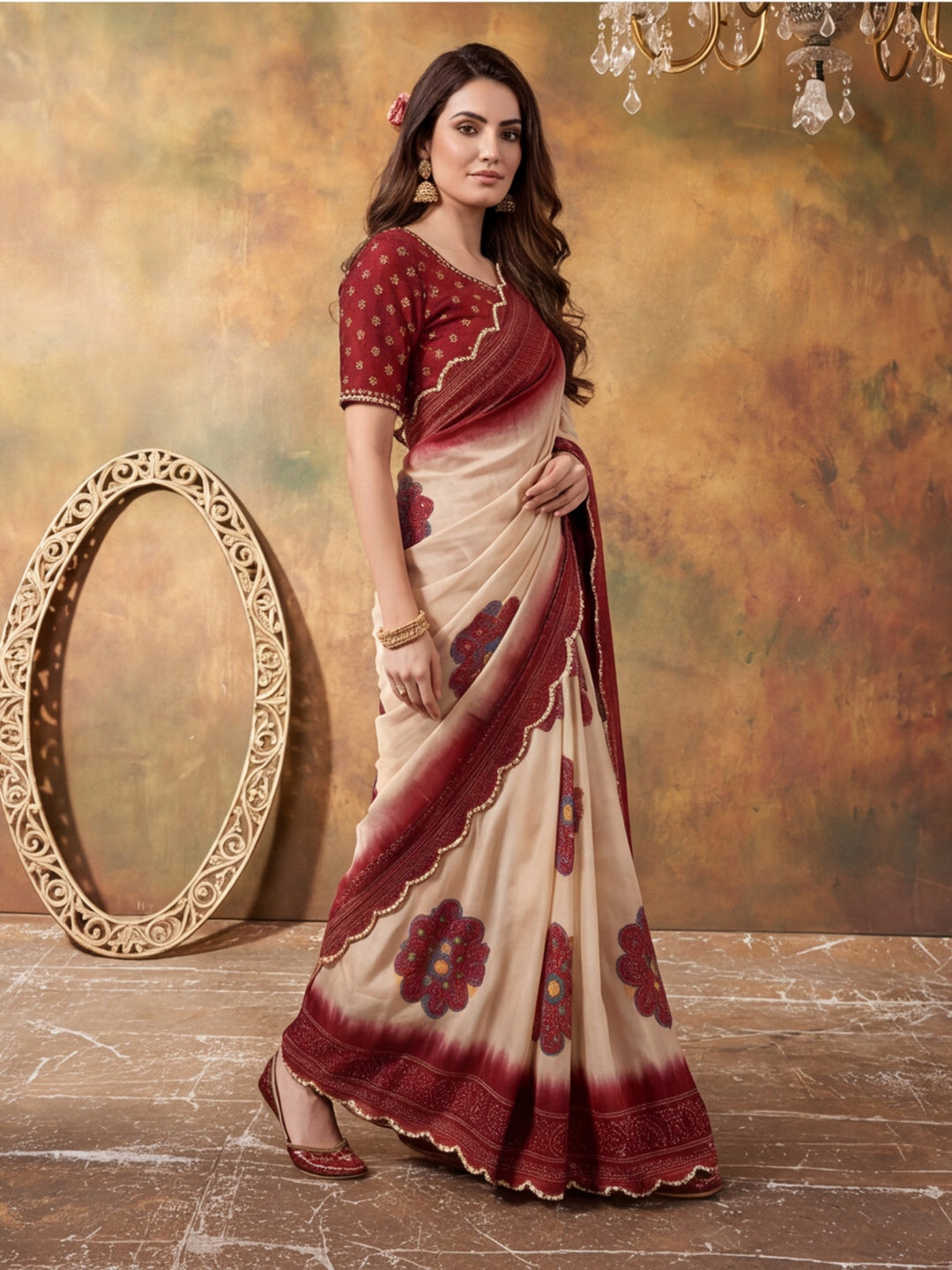 Women Lightweight Printed Beautiful Mirror Work Border Saree With Unstitched Blouse Piece