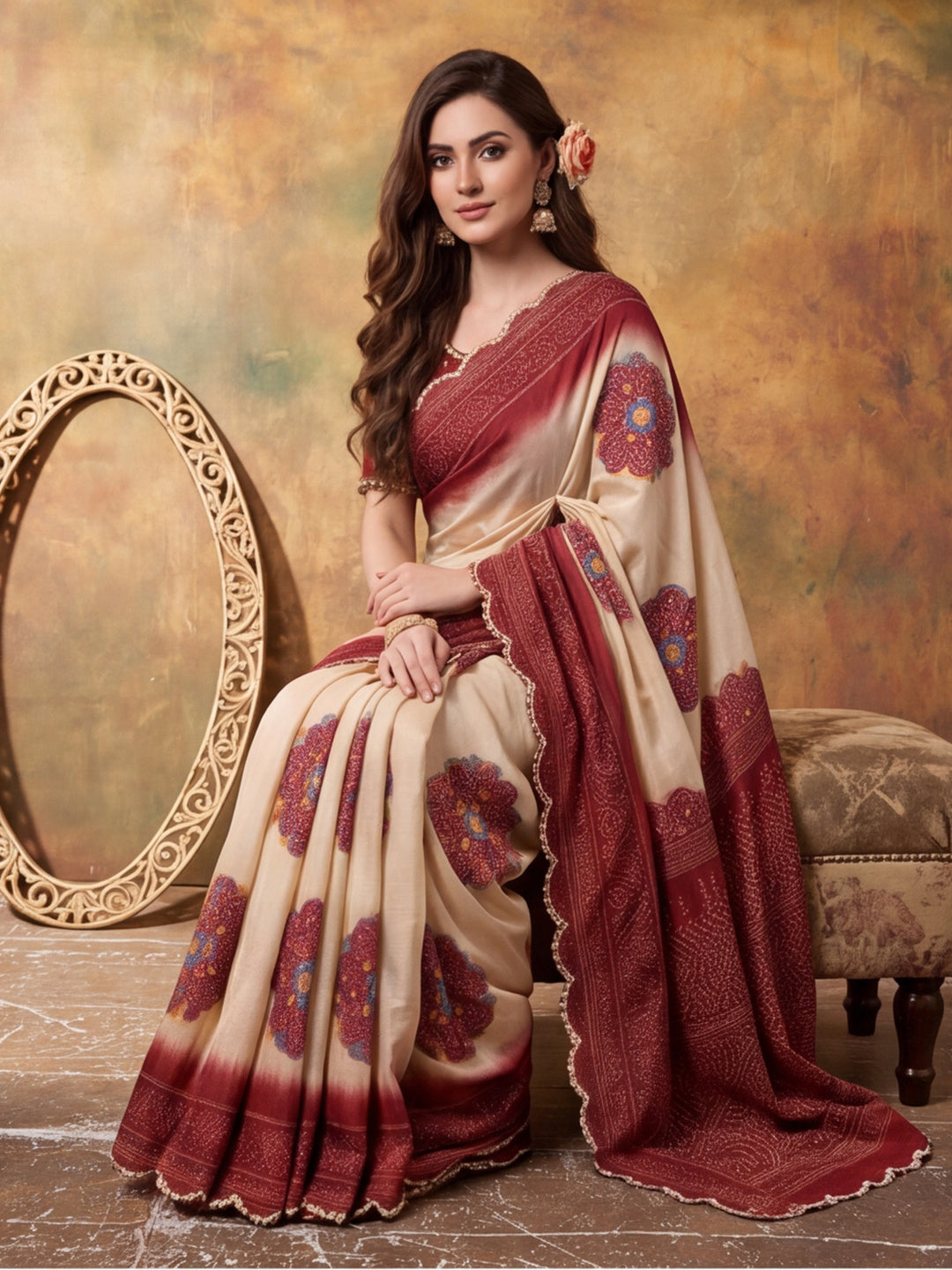 Women Lightweight Printed Beautiful Mirror Work Border Saree With Unstitched Blouse Piece