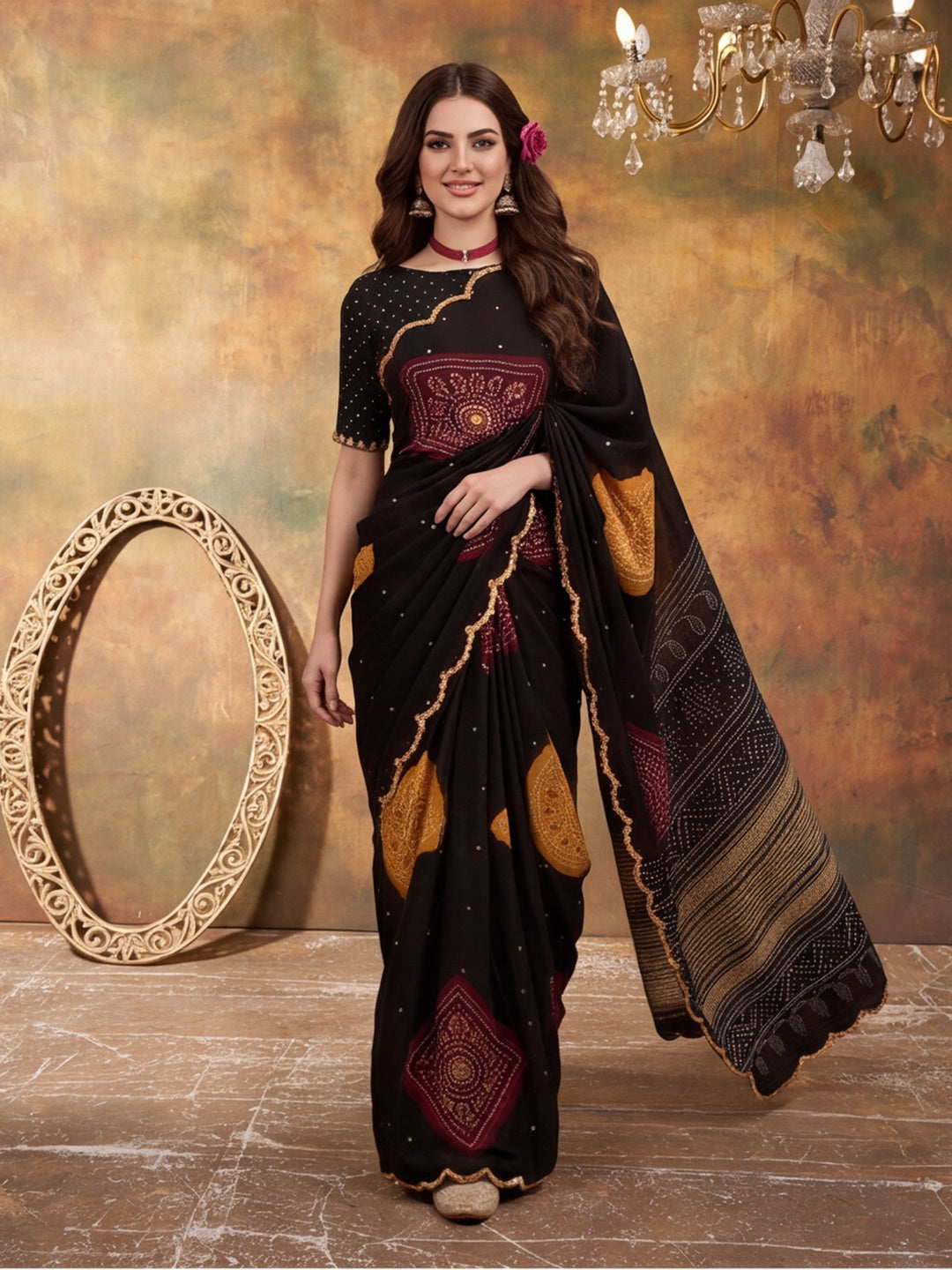 Women Lightweight Printed Beautiful Mirror Work Border Saree With Unstitched Blouse Piece