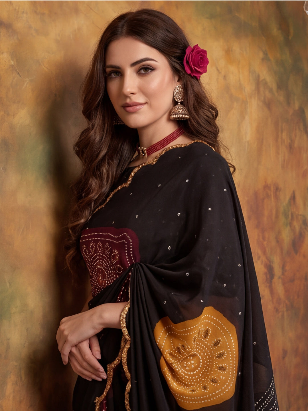 Women Lightweight Printed Beautiful Mirror Work Border Saree With Unstitched Blouse Piece