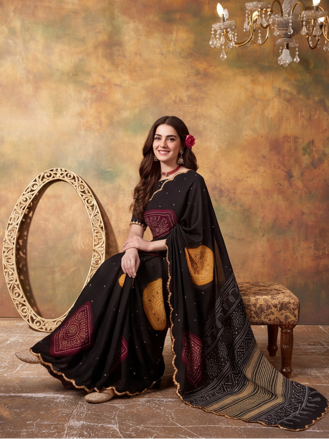 Women Lightweight Printed Beautiful Mirror Work Border Saree With Unstitched Blouse Piece