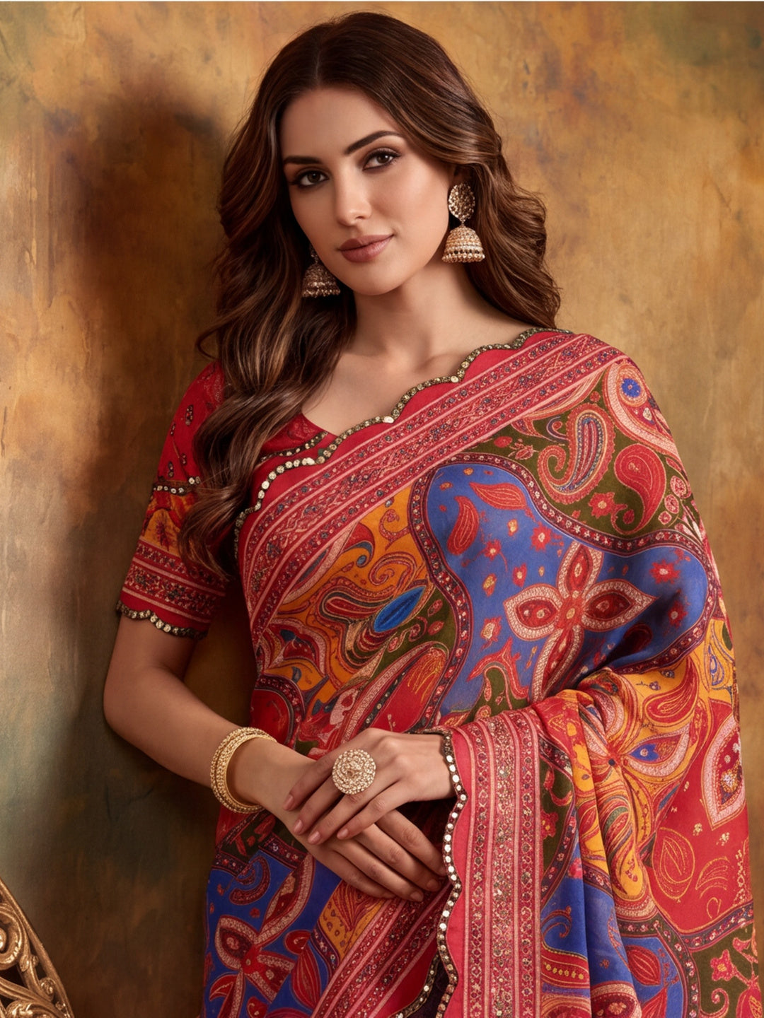 Women Lightweight Printed Beautiful Mirror Work Border Saree With Unstitched Blouse Piece