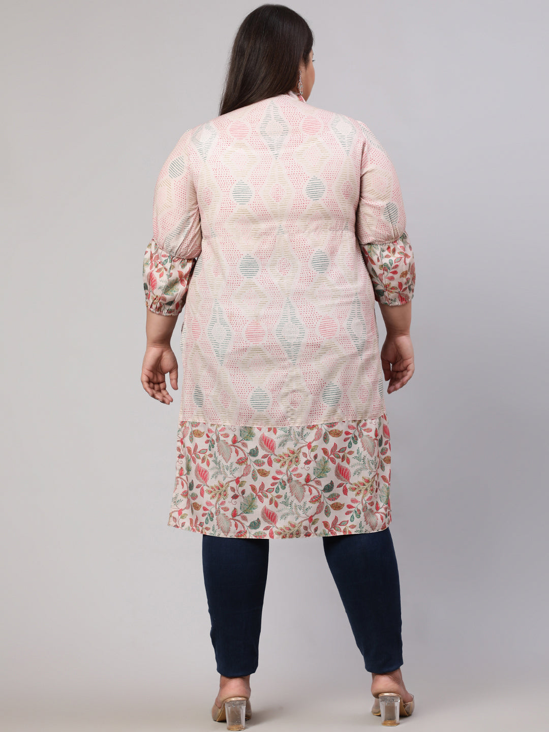 Plus Size Floral Printed Peach Straight Kurta