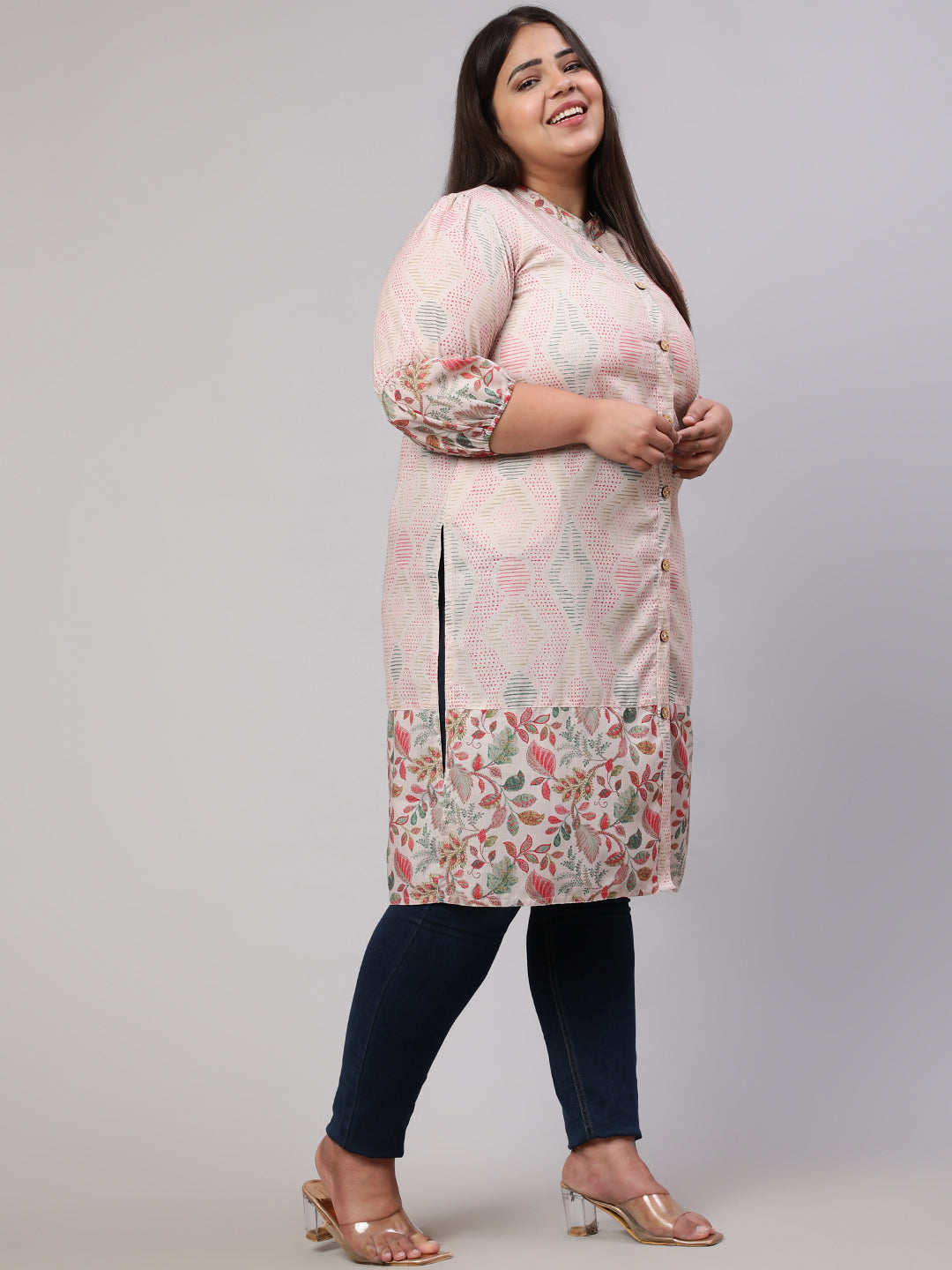 Plus Size Floral Printed Peach Straight Kurta