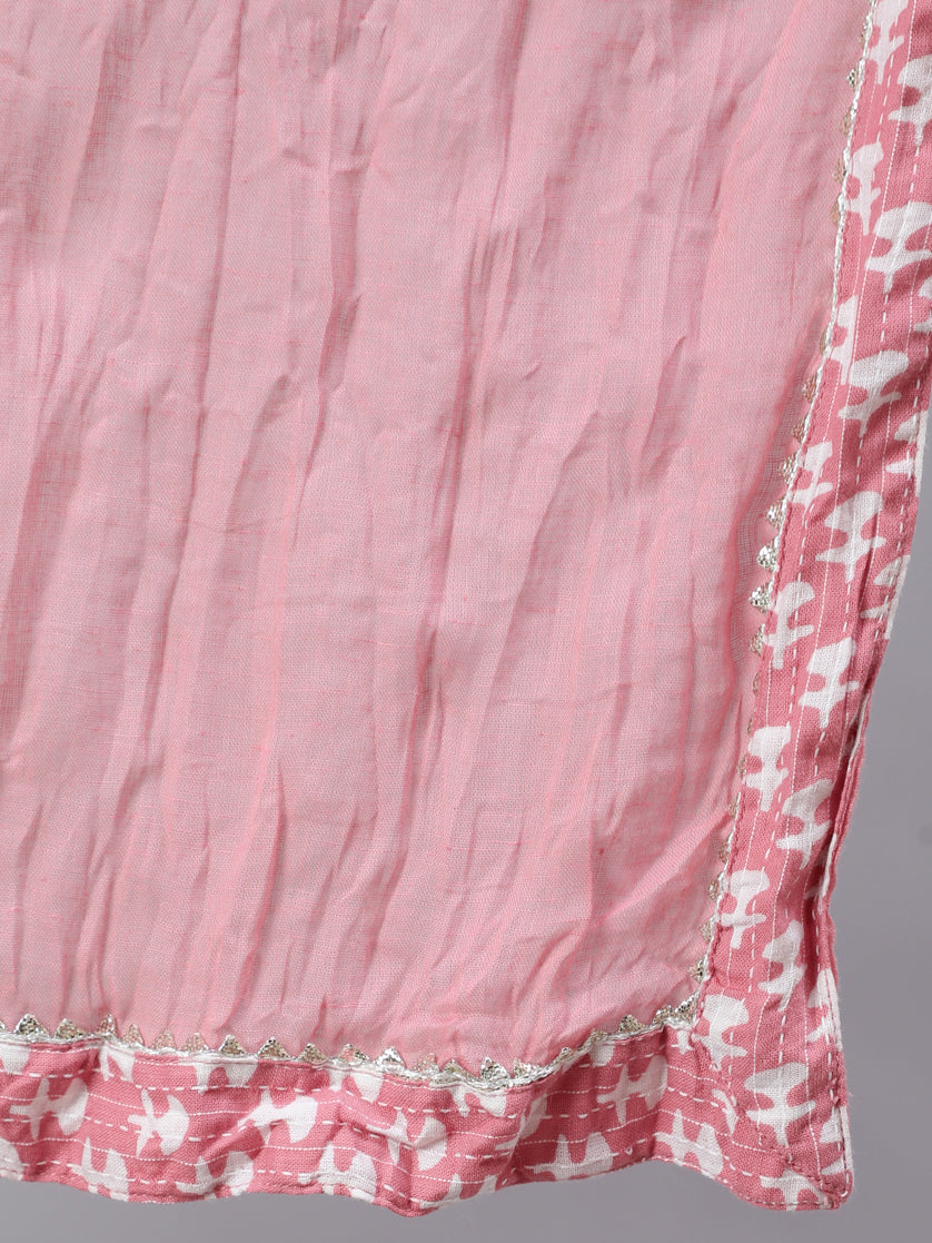 Pink Plus Size Woven Straight Printed Embroidered Kurta Set With Solid Dupatta