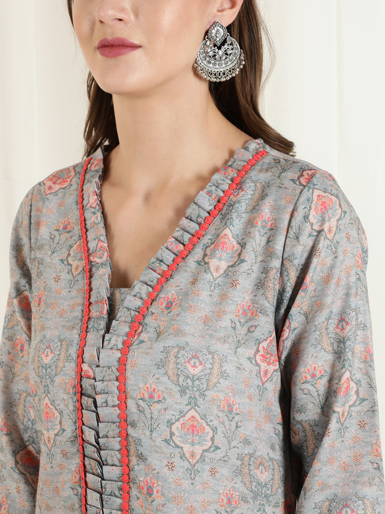 Ethnic Printed Grey Straight Kurta With Lace