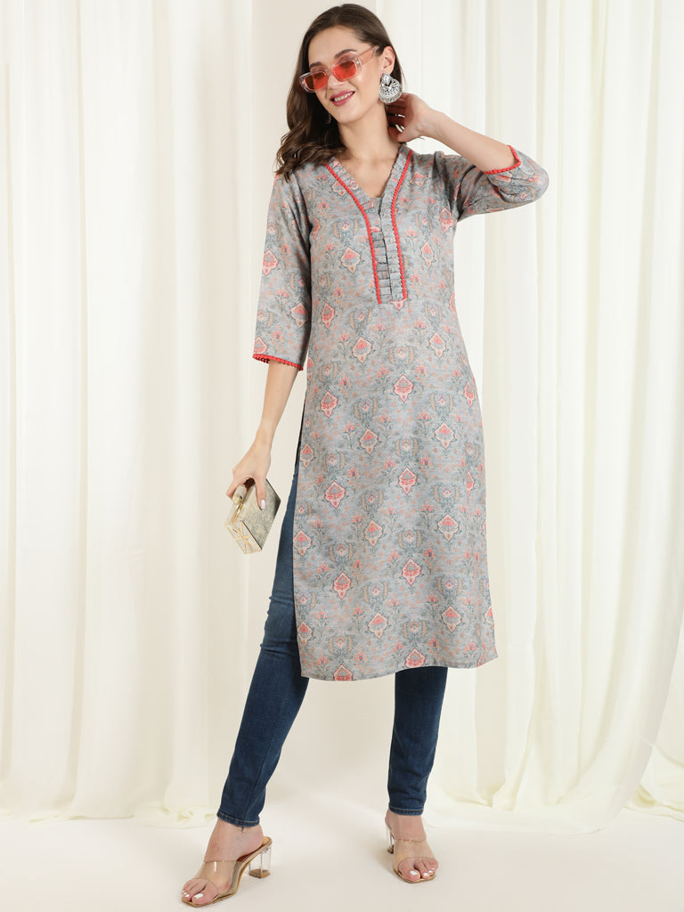 Ethnic Printed Grey Straight Kurta With Lace