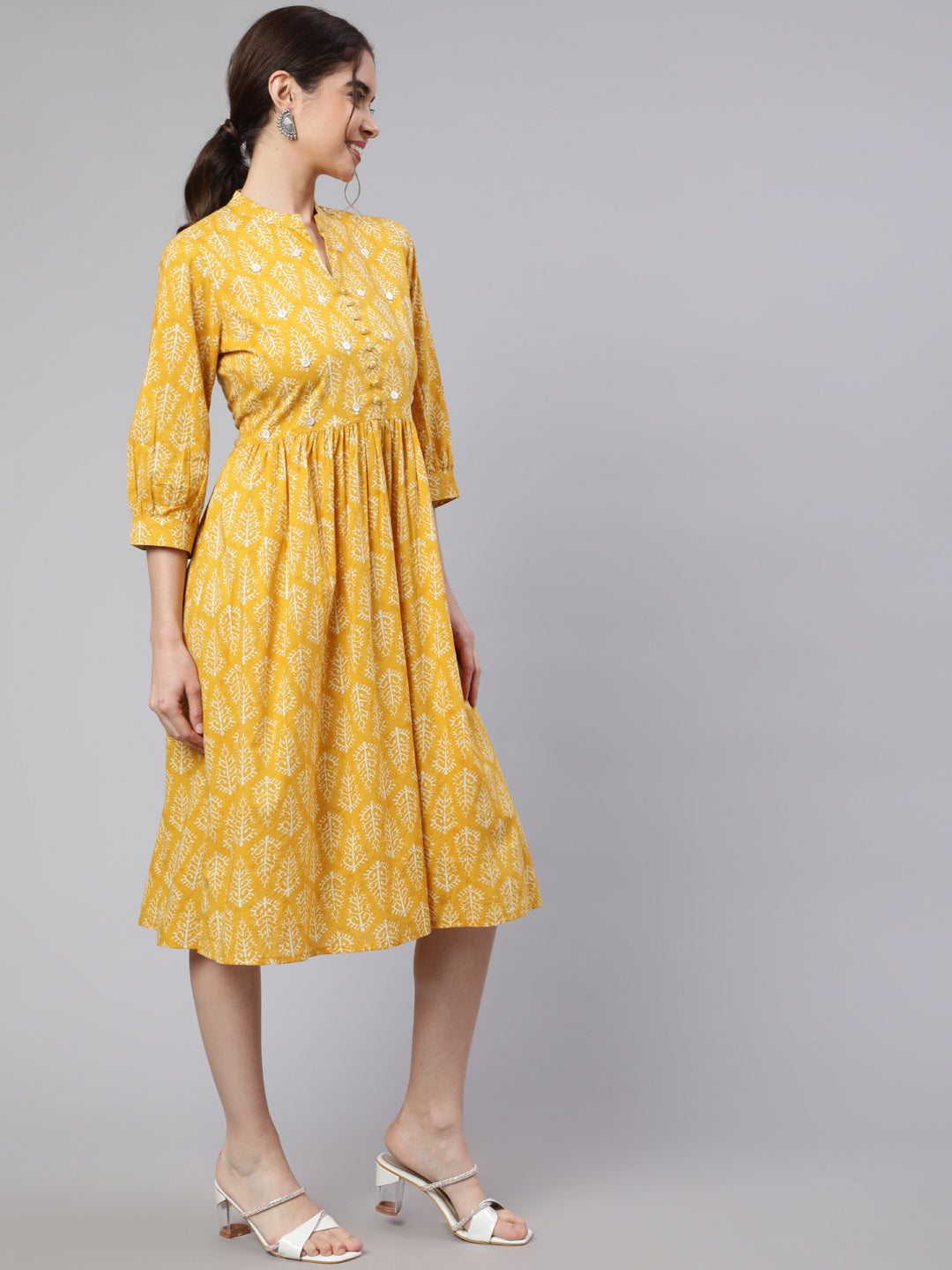 Yellow Ethnic Printed Flared Dress