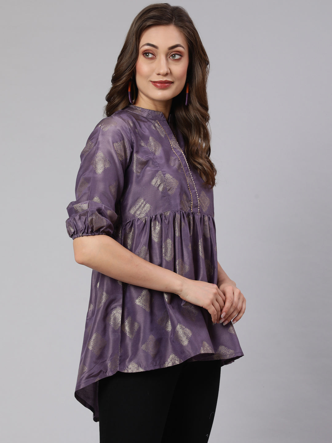 Purple Woven Silk Blend Gold Printed Peplum Hip-Low Top