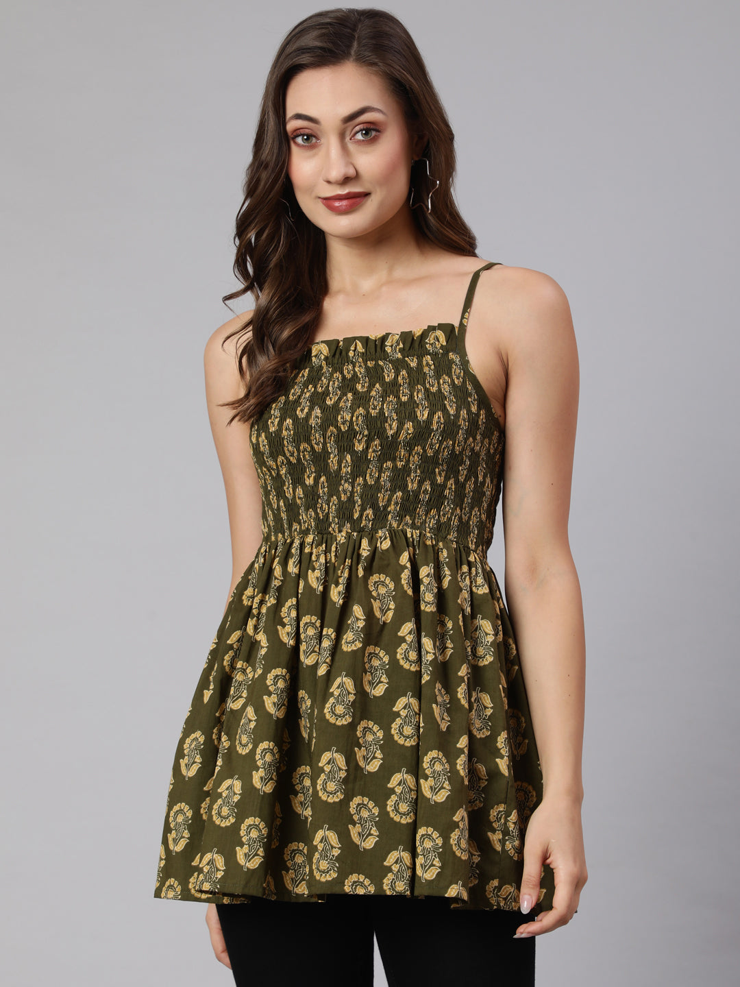 Strappy Ethnic Printed Smocked Top