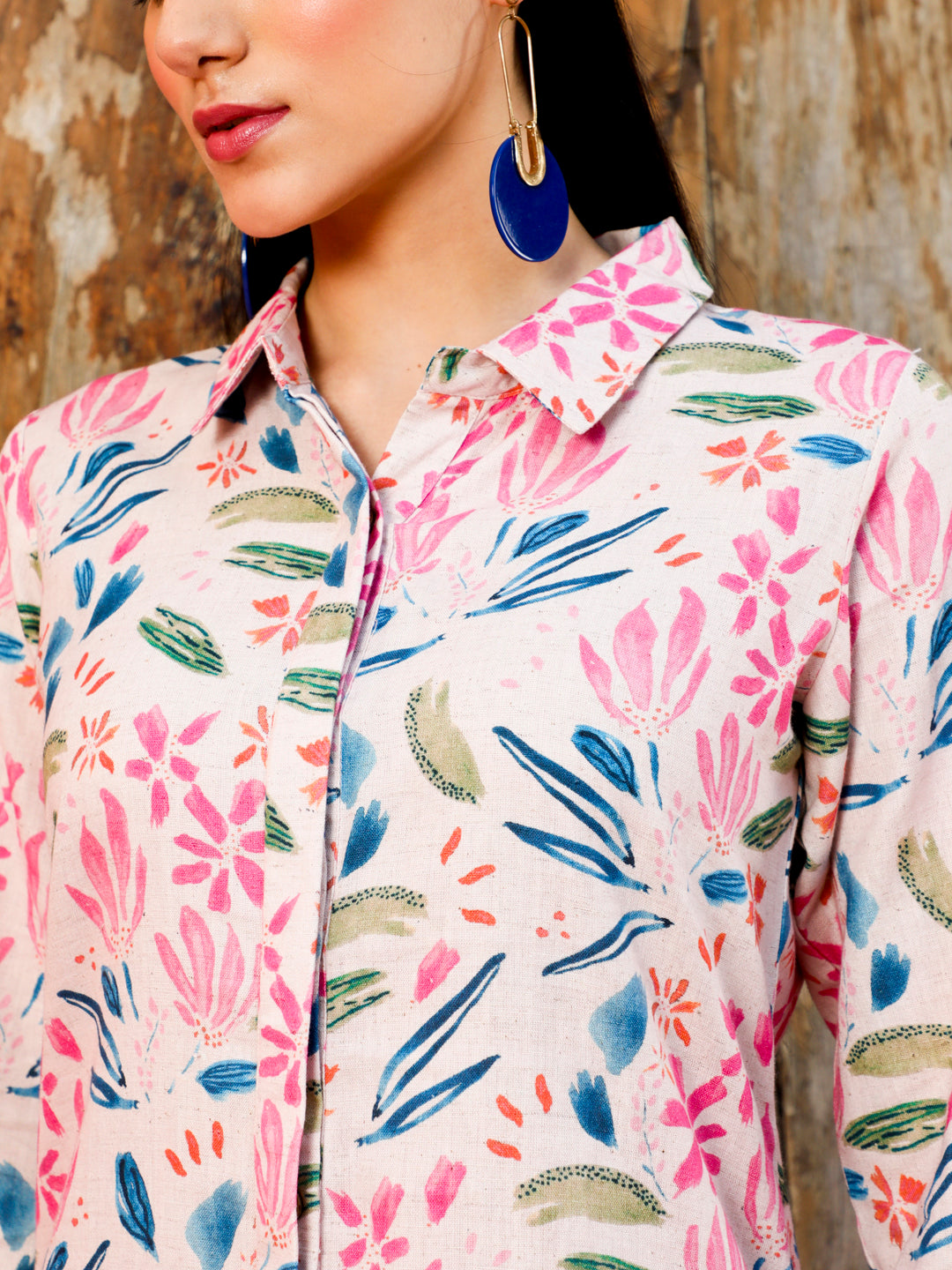 Pink Abstract Print Shirt With Pants Co-ord Set