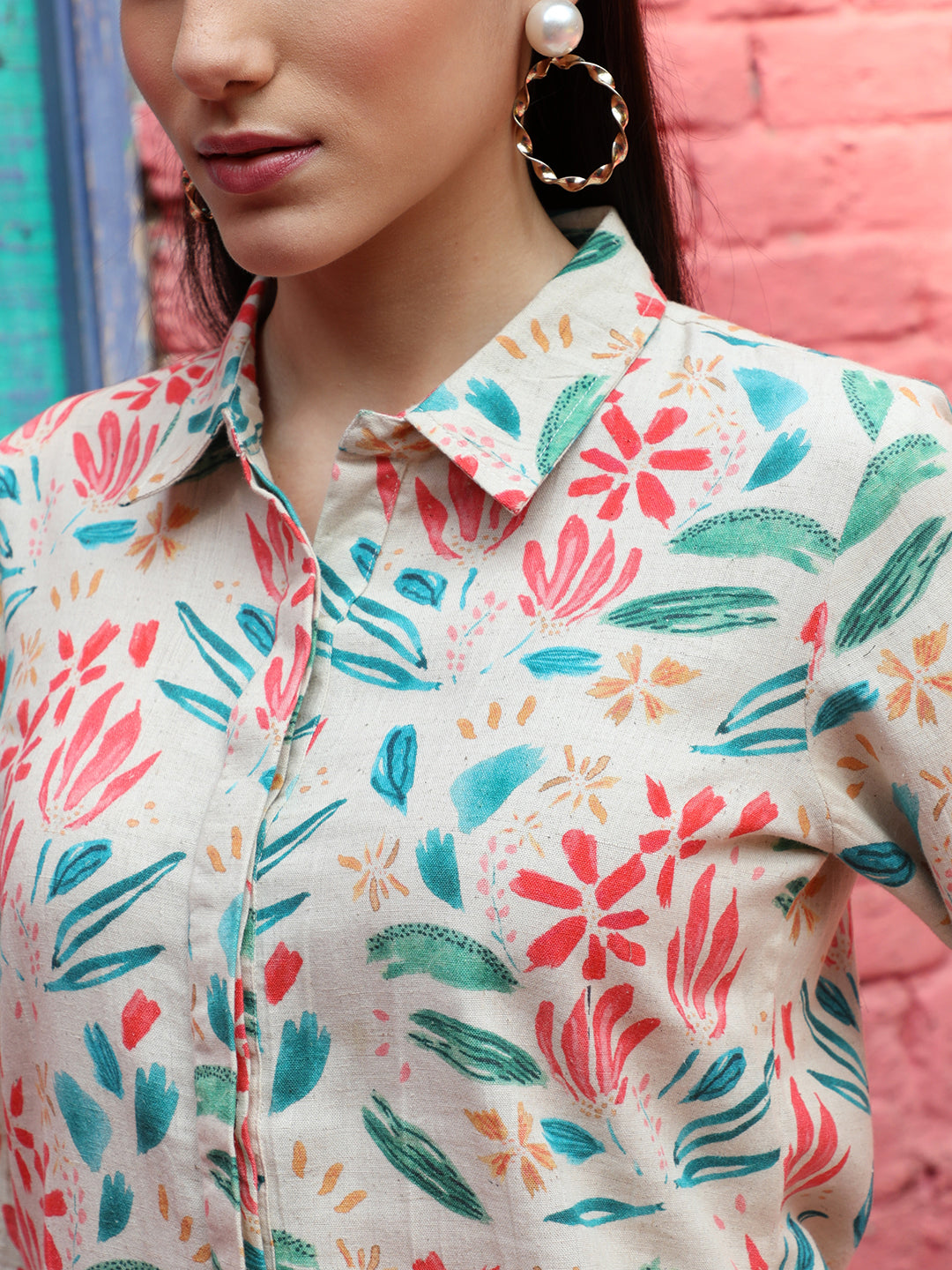 Beige Abstract Print Shirt With Pants Co-ord Set