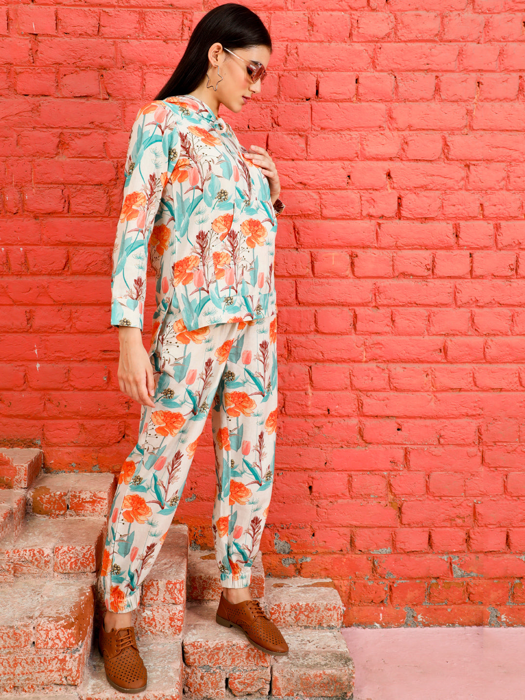 Turquoise Blue Floral Hoodie With Floral Joggers Co-ord Set