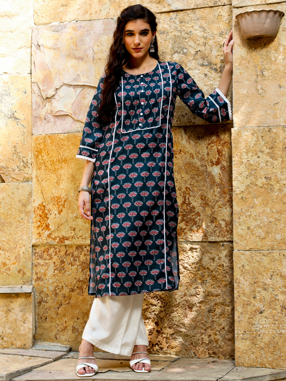 Lotus Print Navy Blue Short Kurta