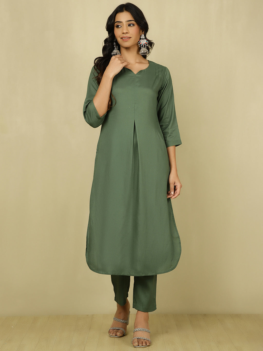 Olive Green Pleated Straight Kurta With Pants