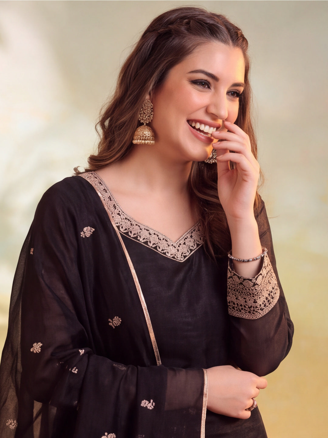 Women Embroidered Black Straight Kurta Set with Dupatta