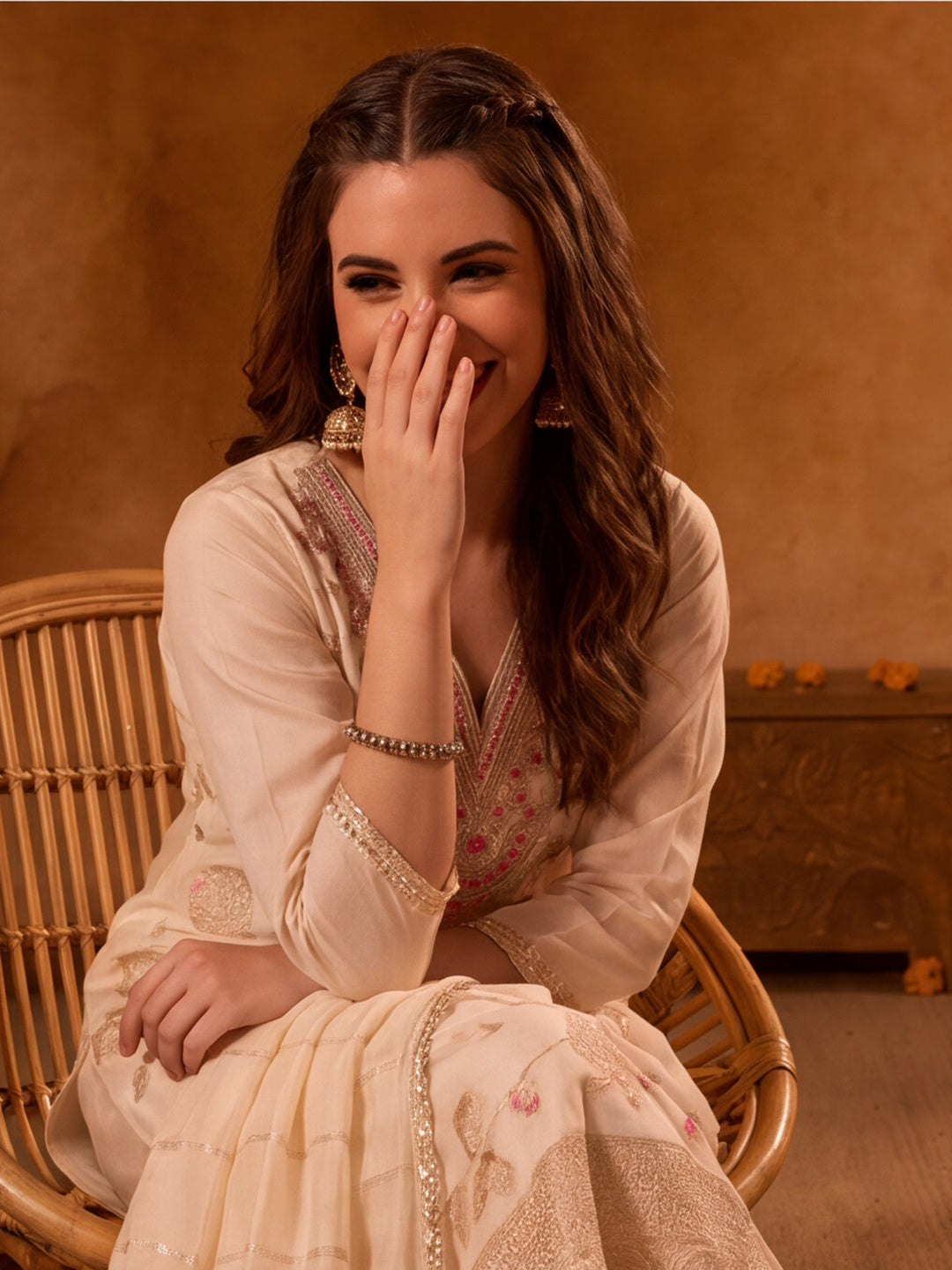 Women Embroidered Cream Straight Kurta Set with Dupatta