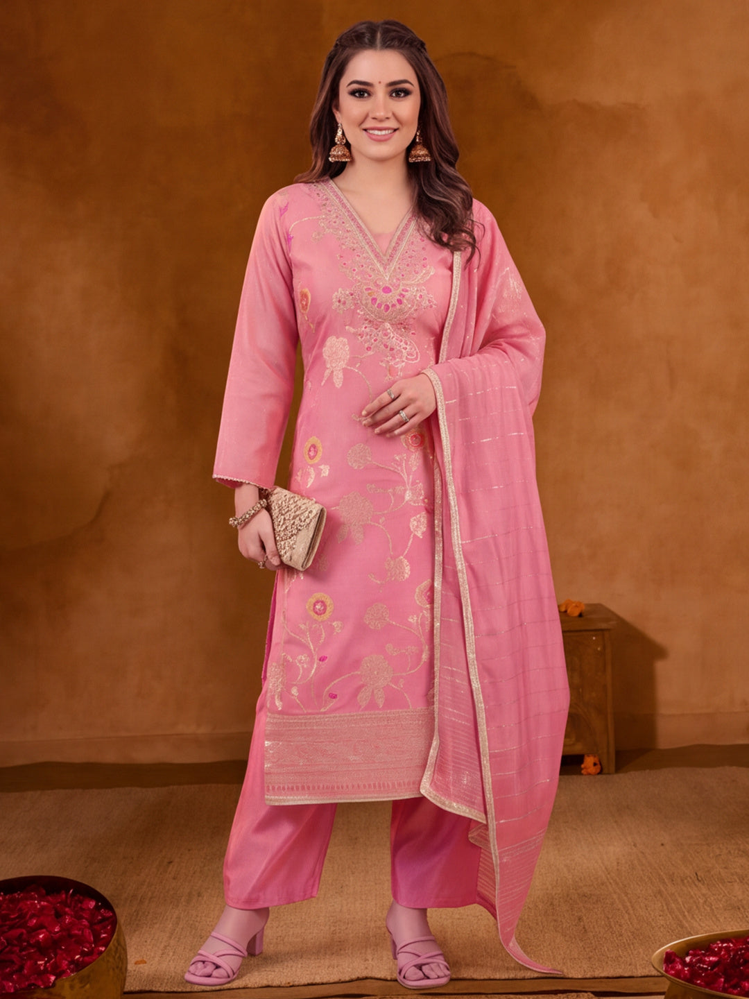 Women Embroidered Pink Straight Kurta Set with Dupatta