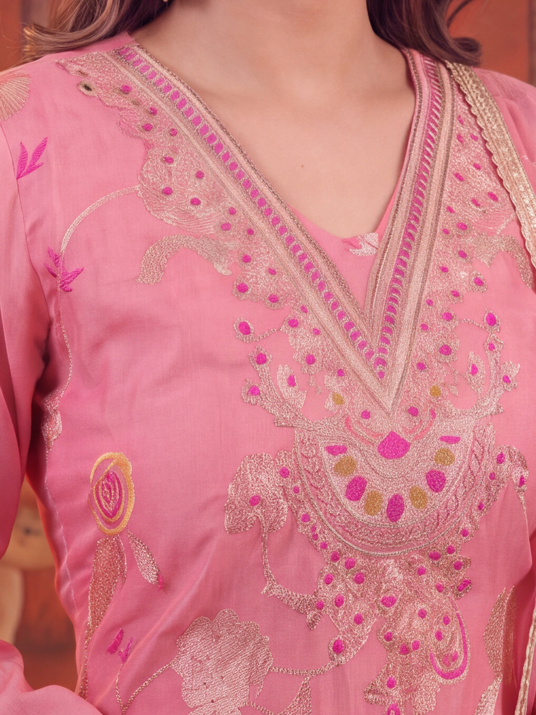 Women Embroidered Pink Straight Kurta Set with Dupatta