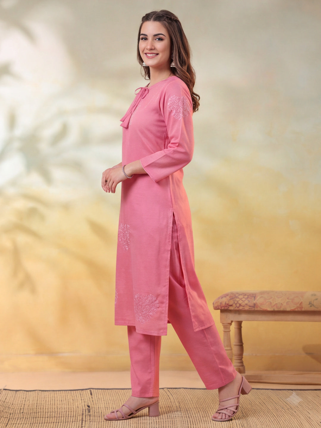 Women Embroidered Pink Straight Kurta Set with Dupatta