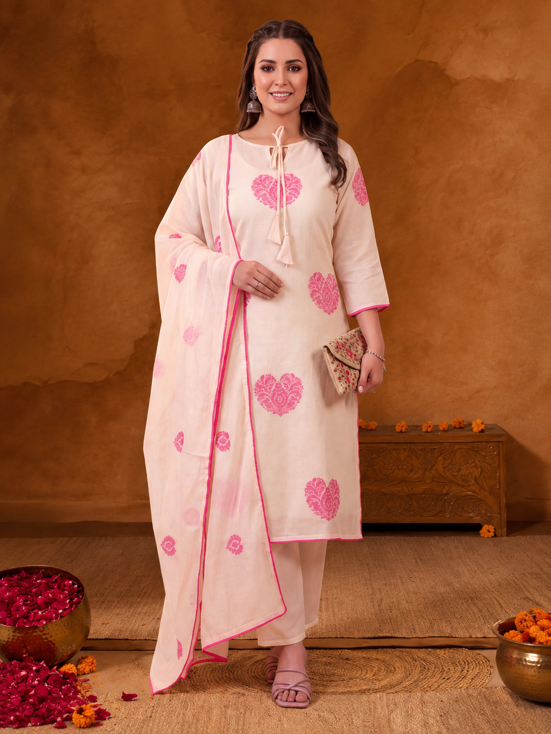 Women Floral Embroidered Off White Straight Kurta Set with Dupatta