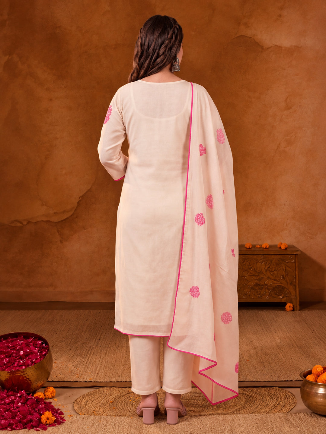 Women Floral Embroidered Off White Straight Kurta Set with Dupatta