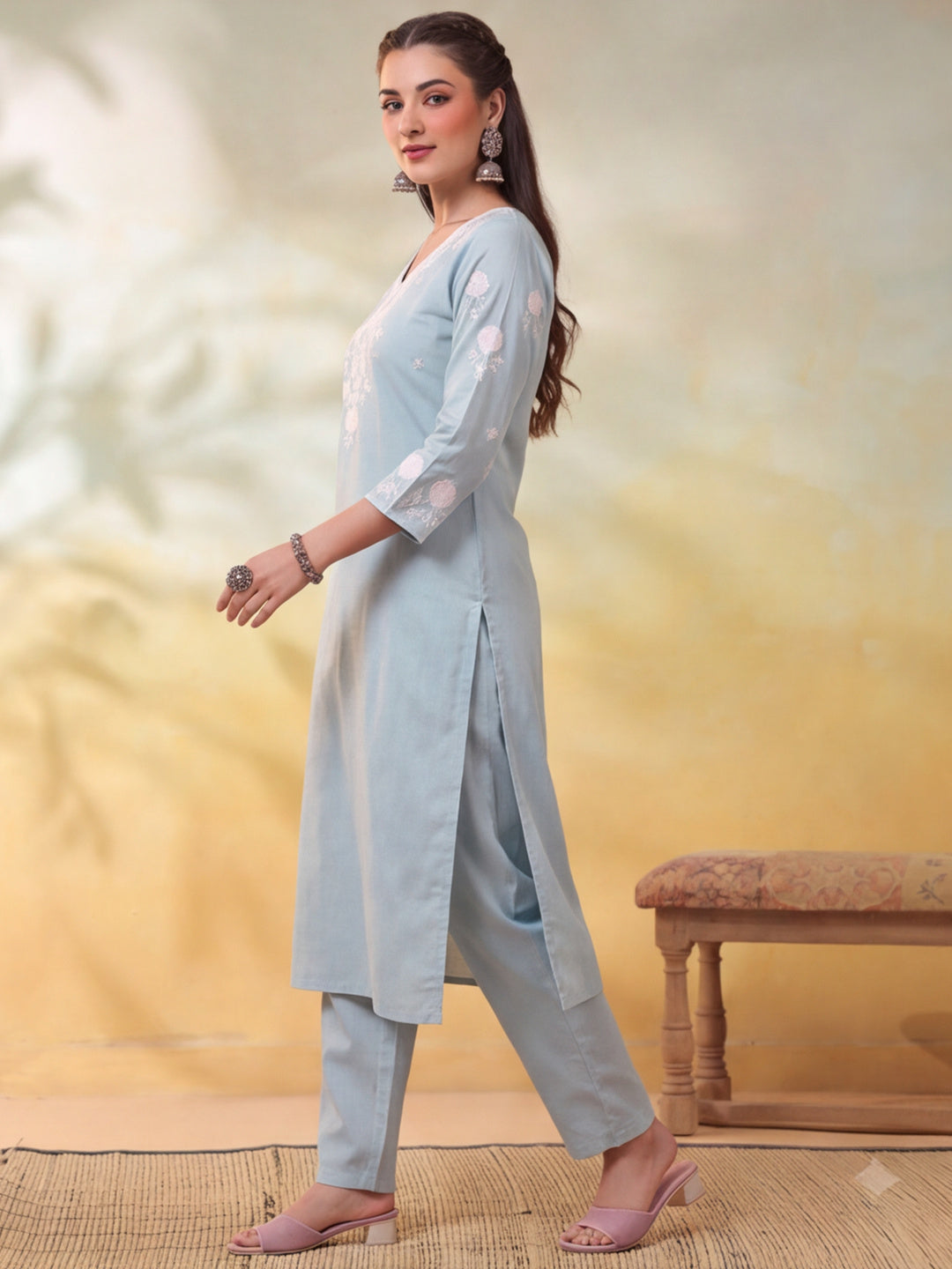 Women Embroidered Light Blue Straight Kurta Set with Dupatta