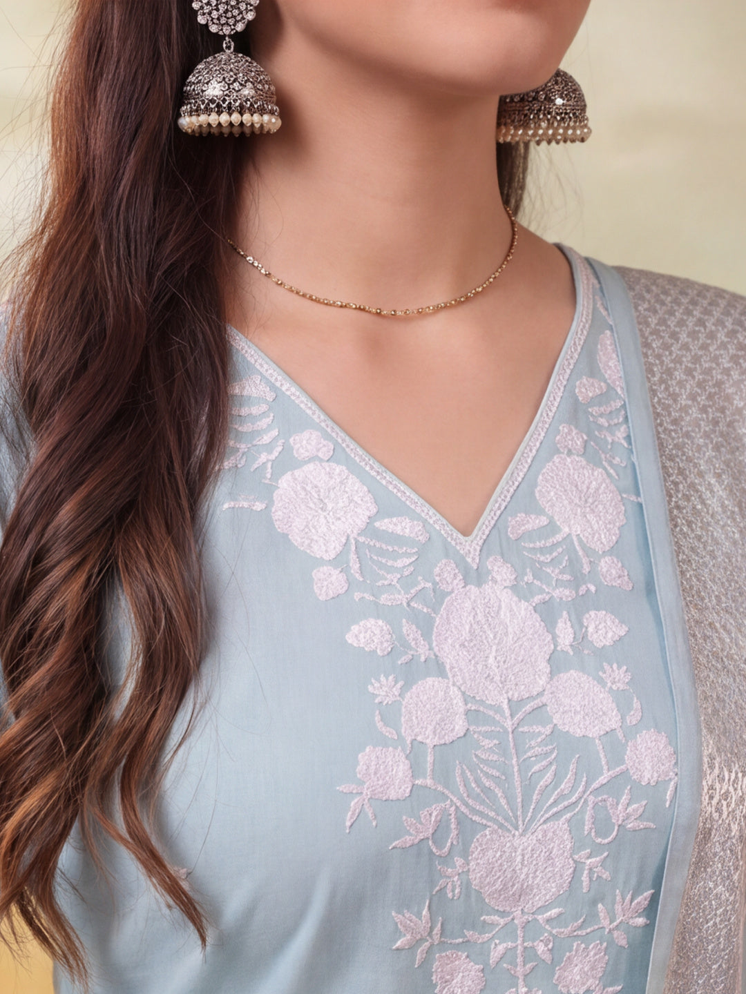 Women Embroidered Light Blue Straight Kurta Set with Dupatta