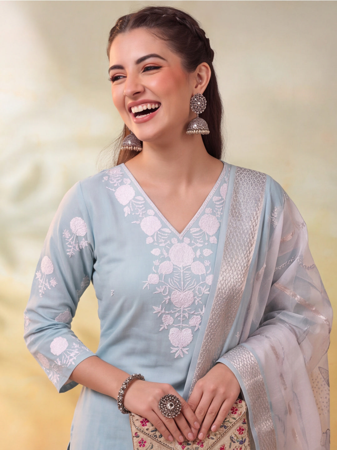 Women Embroidered Light Blue Straight Kurta Set with Dupatta
