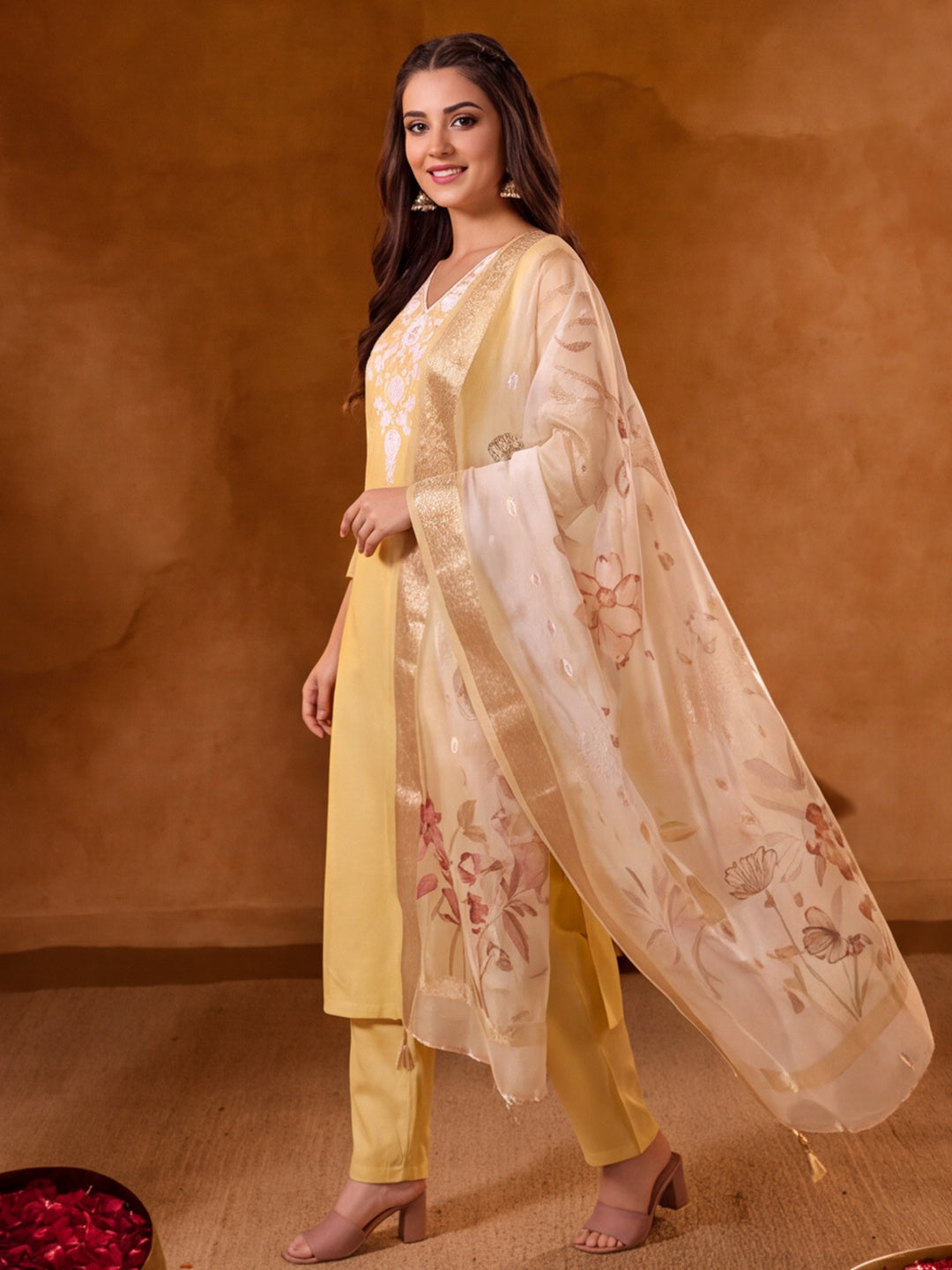 Women Embroidered Yellow Straight Kurta Set with Dupatta