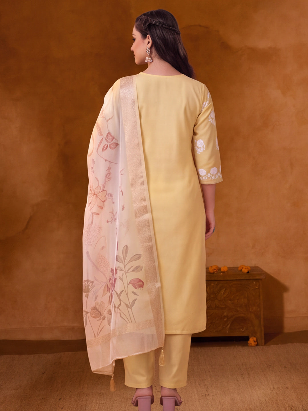 Women Embroidered Yellow Straight Kurta Set with Dupatta