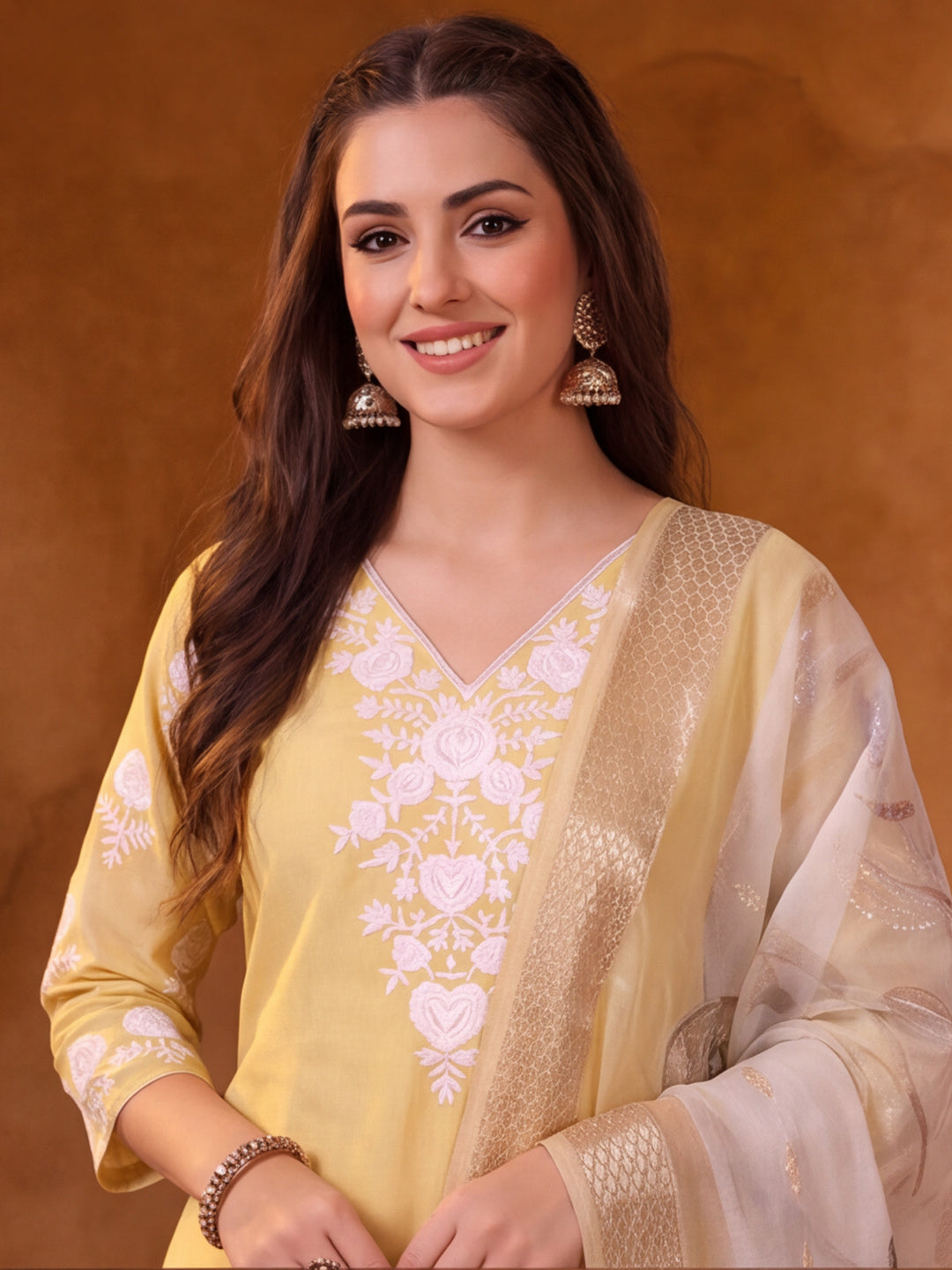 Women Embroidered Yellow Straight Kurta Set with Dupatta