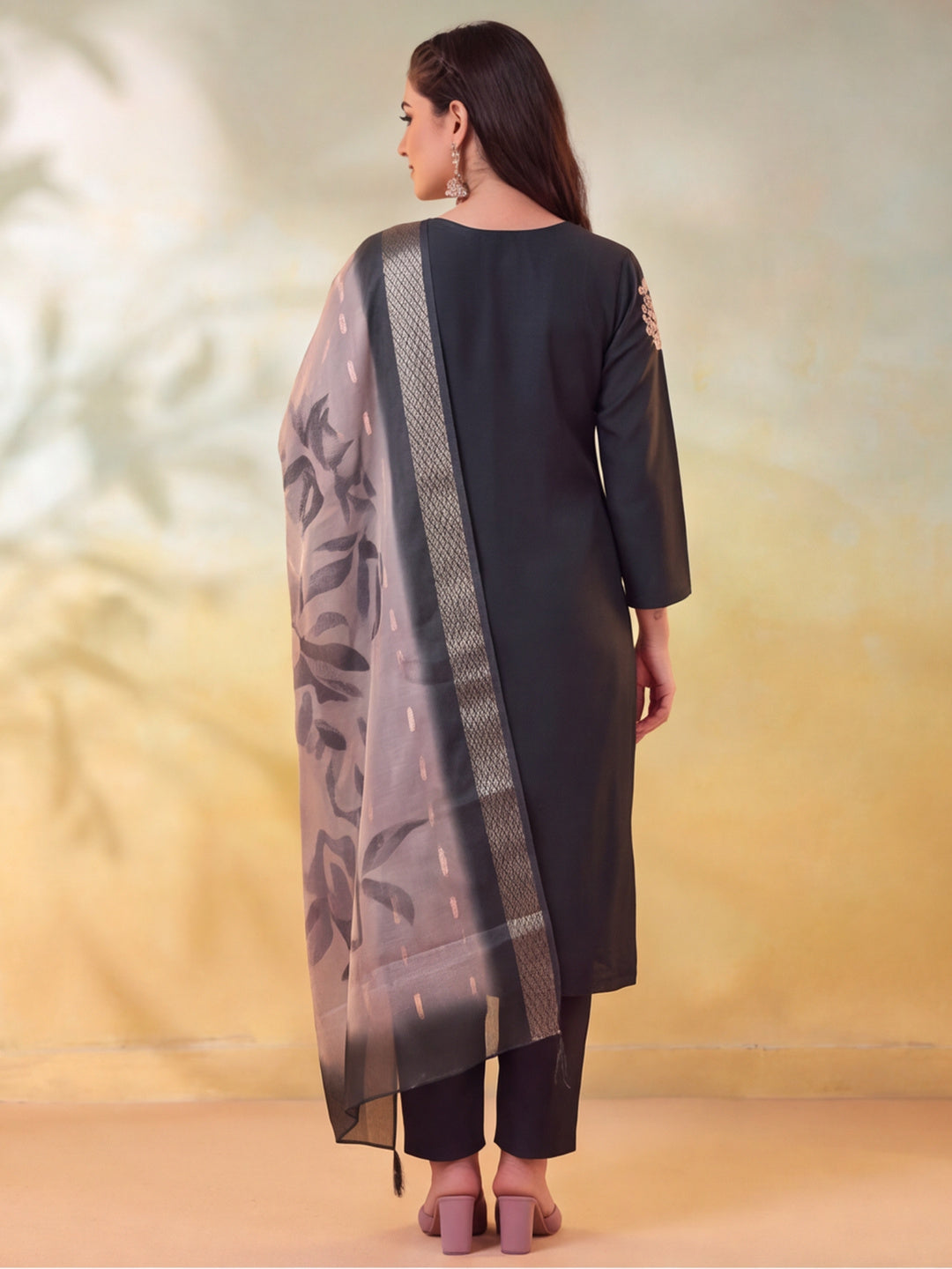 Women Embroidered Dark Green Straight Kurta Set with Dupatta