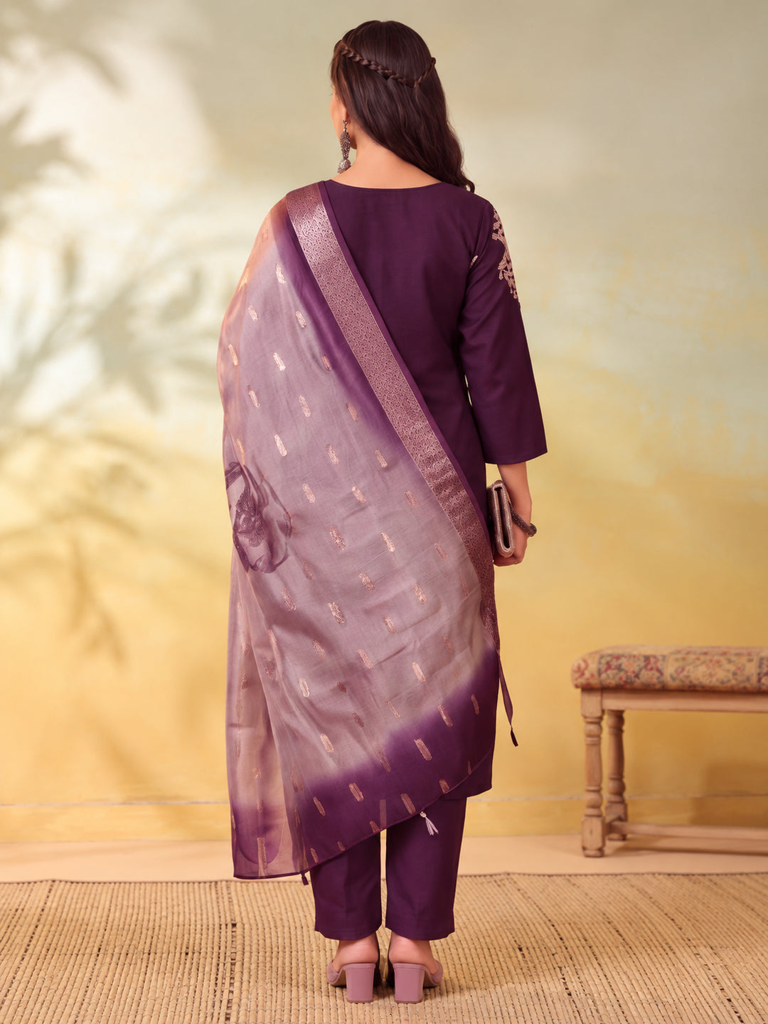 Women Embroidered Wine Straight Kurta Set with Dupatta