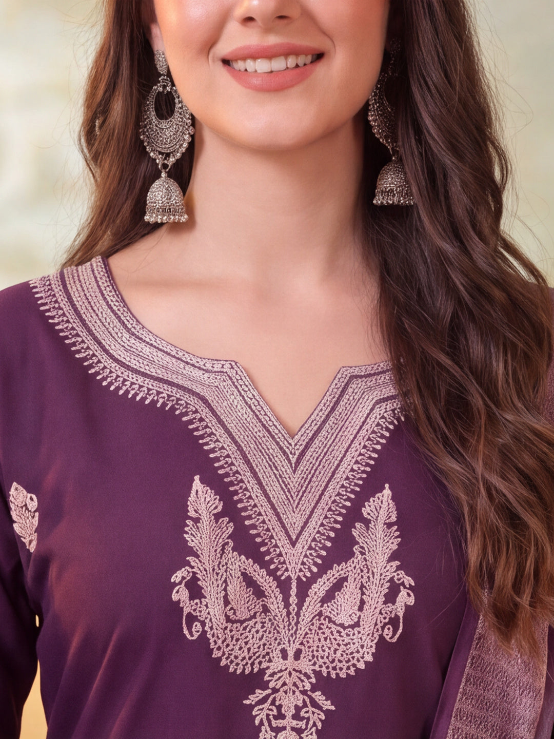 Women Embroidered Wine Straight Kurta Set with Dupatta