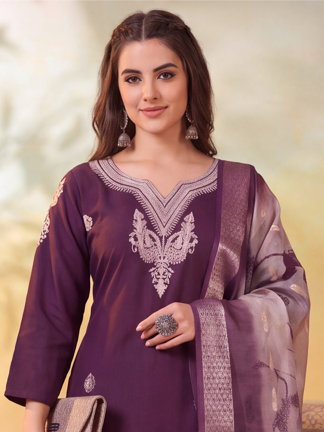 Women Embroidered Wine Straight Kurta Set with Dupatta