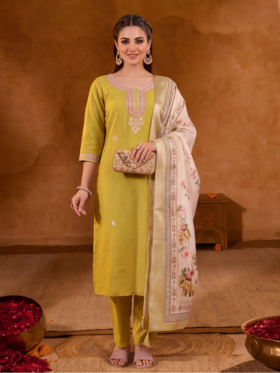 Women Embroidered Mustard Straight Kurta Set with Dupatta