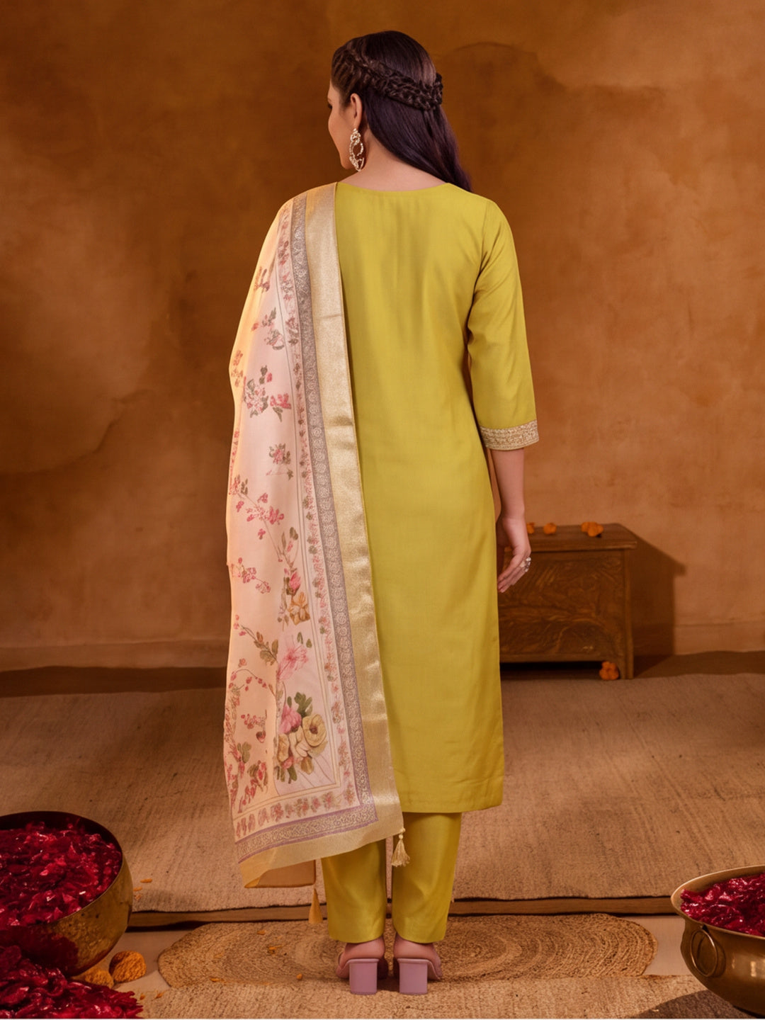 Women Embroidered Mustard Straight Kurta Set with Dupatta