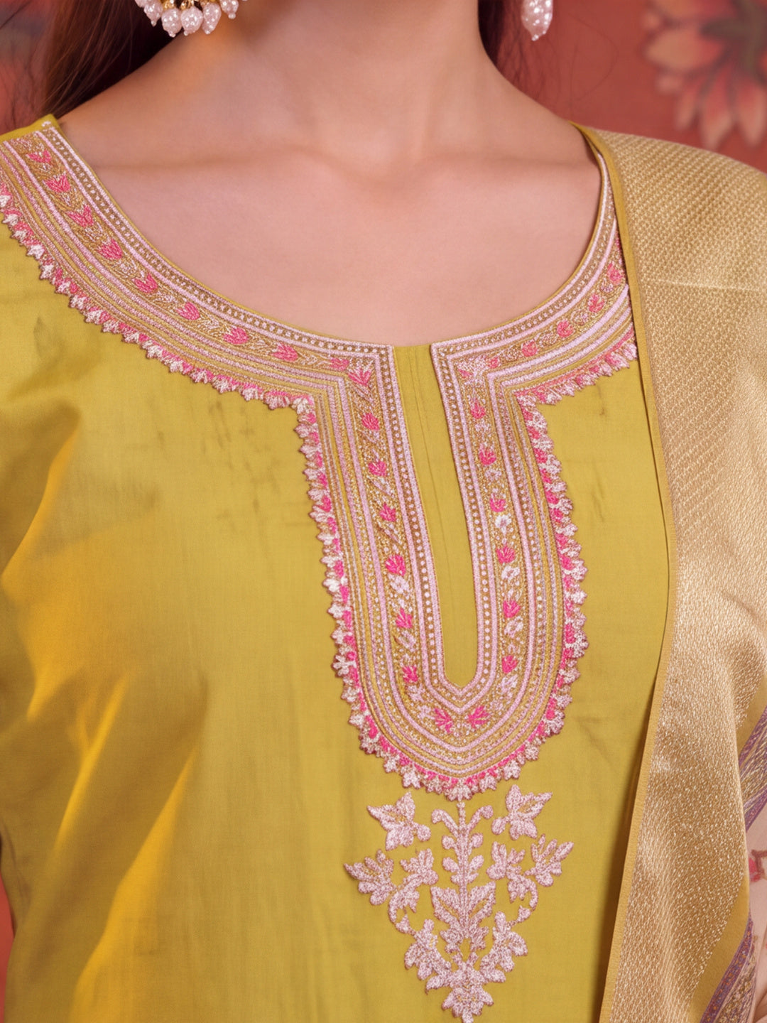 Women Embroidered Mustard Straight Kurta Set with Dupatta