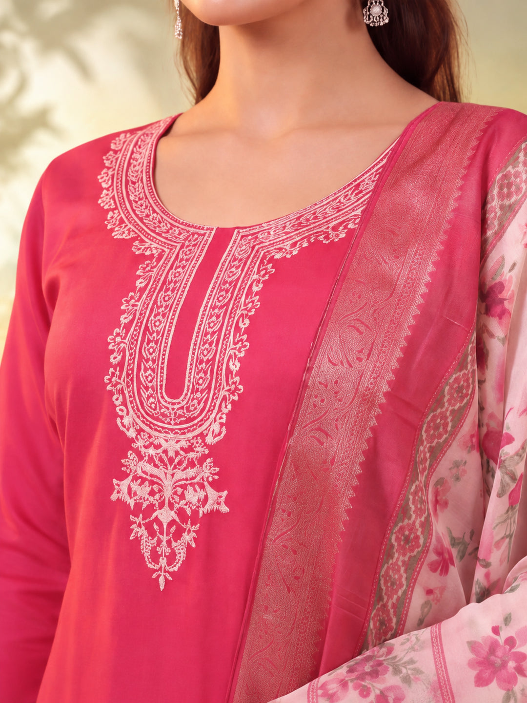 Women Embroidered Rani Pink Straight Kurta Set with Dupatta