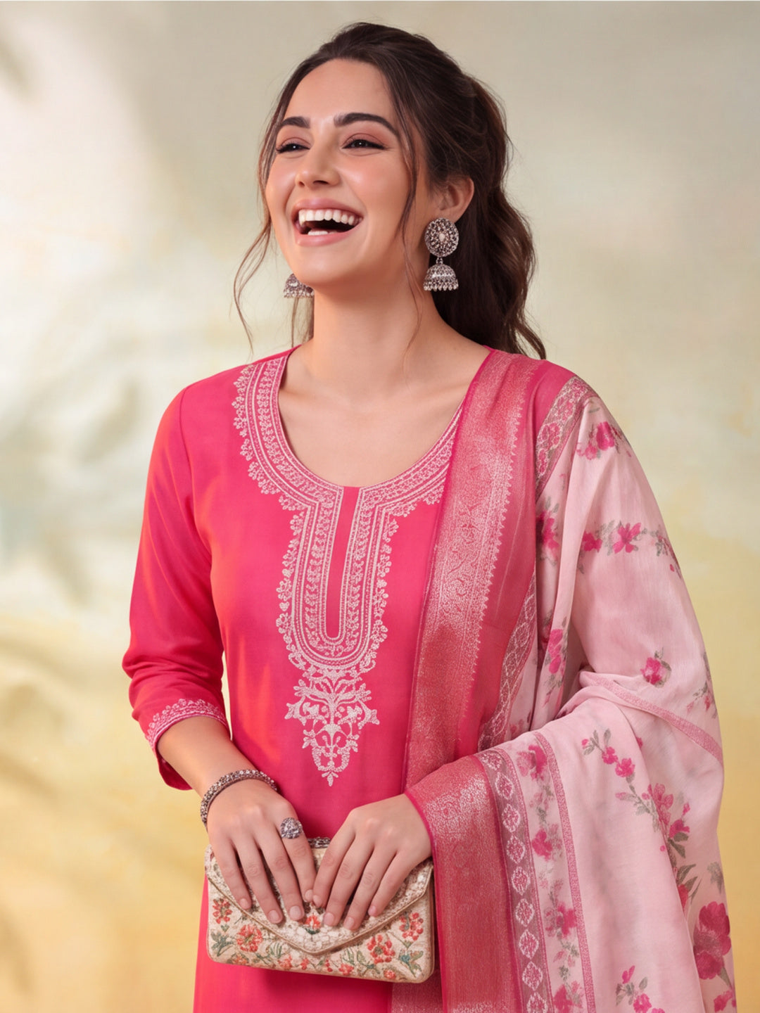 Women Embroidered Rani Pink Straight Kurta Set with Dupatta