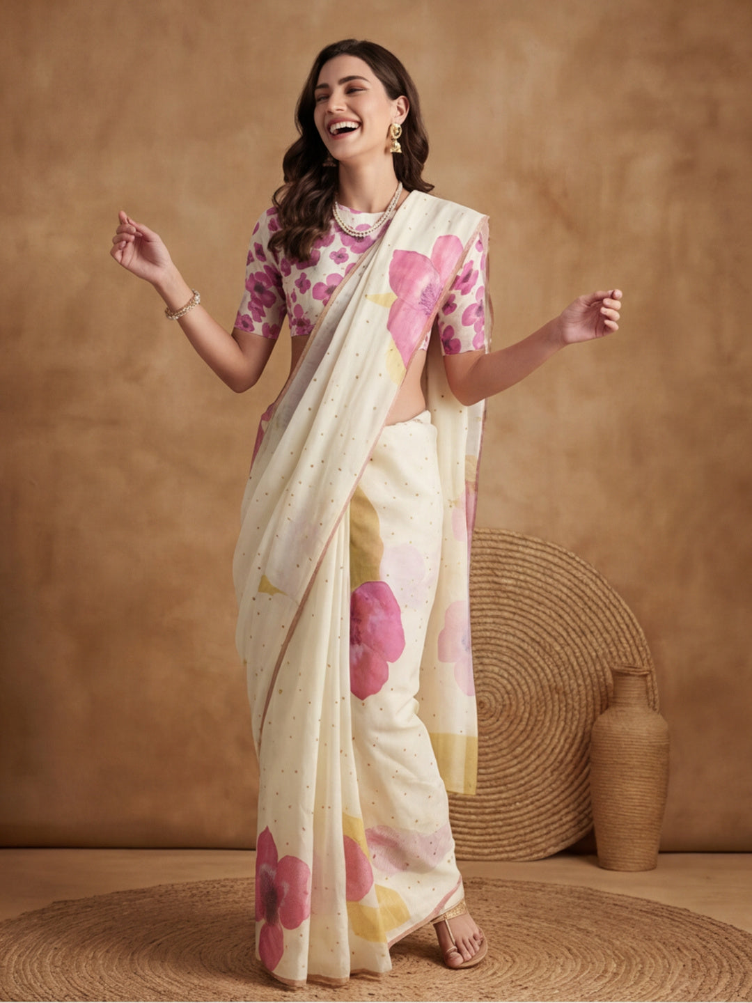 Floral Linen Blend Saree with Unstiched Blouse