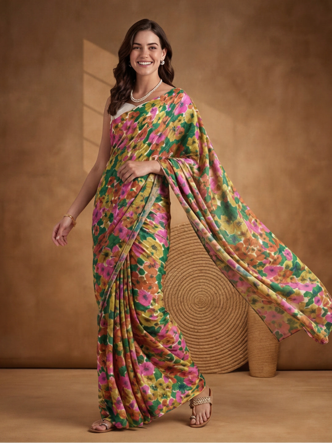 Floral Linen Blend Saree with Unstiched Blouse