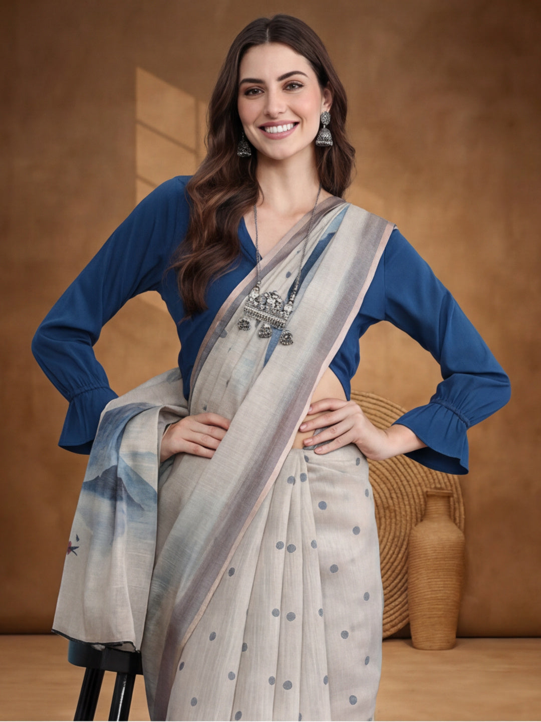 Polka Dots Linen Blend Saree with Unstiched Blouse