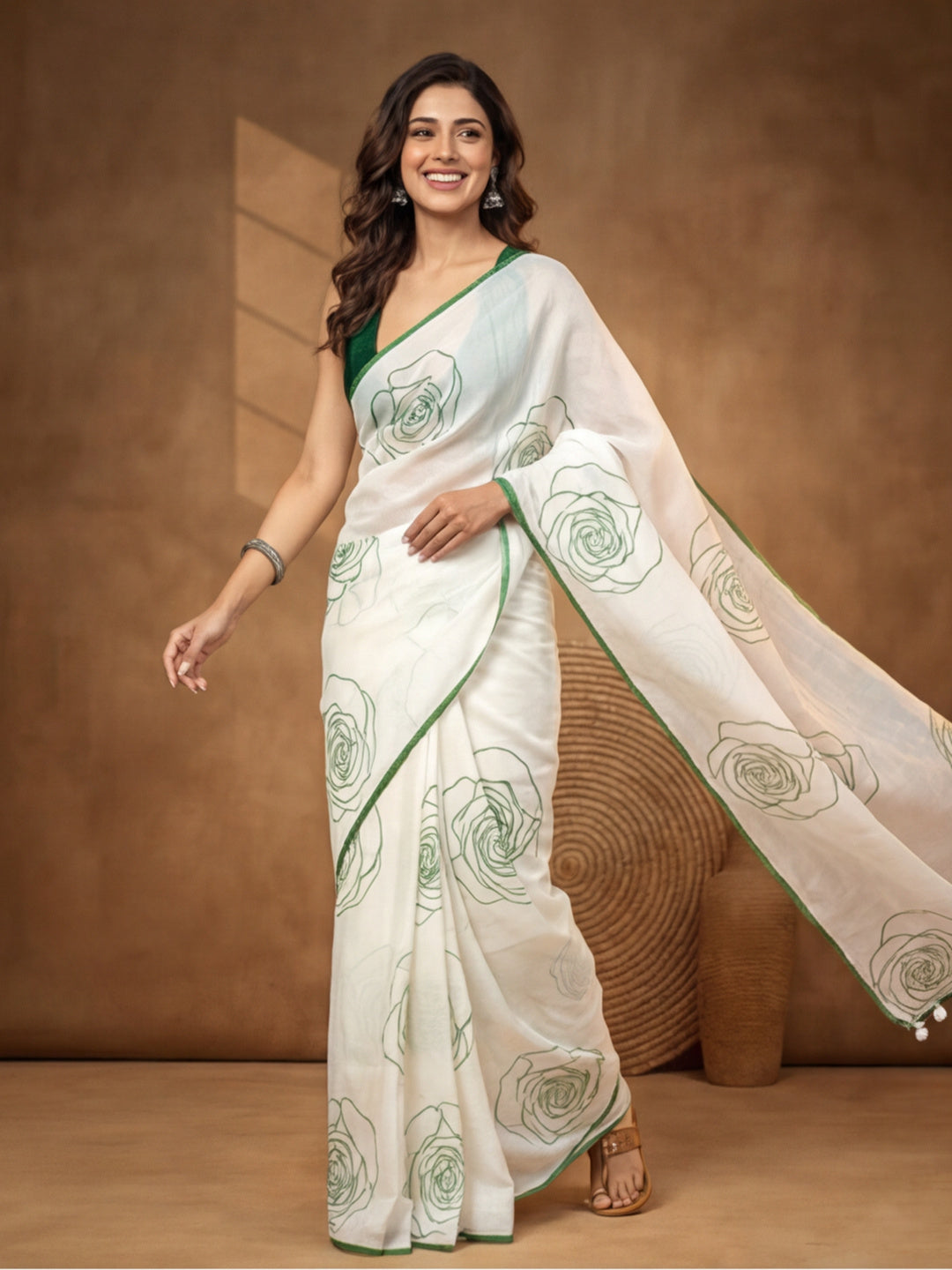 Floral Linen Blend Saree with Unstiched Blouse